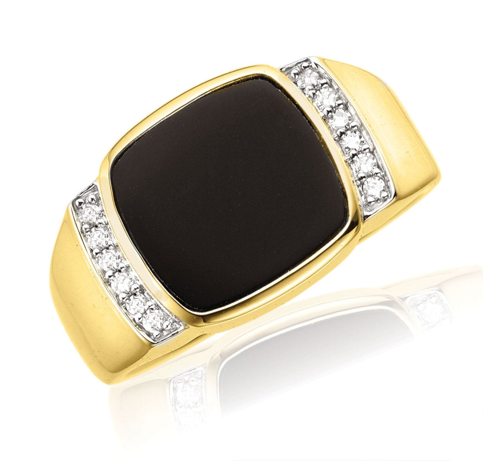 9ct Yellow Gold Diamond Set Onyx Square Mens Ring