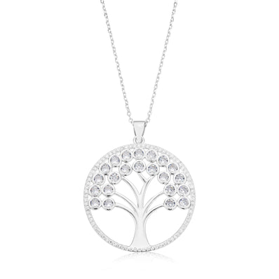 Sterling Silver Round White Cubic Zirconia Tree of Life Pendant