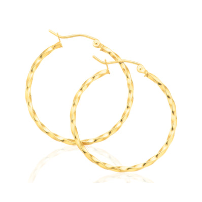 9ct Yellow Gold Round 2x30mm Pattern Hoop Earrings