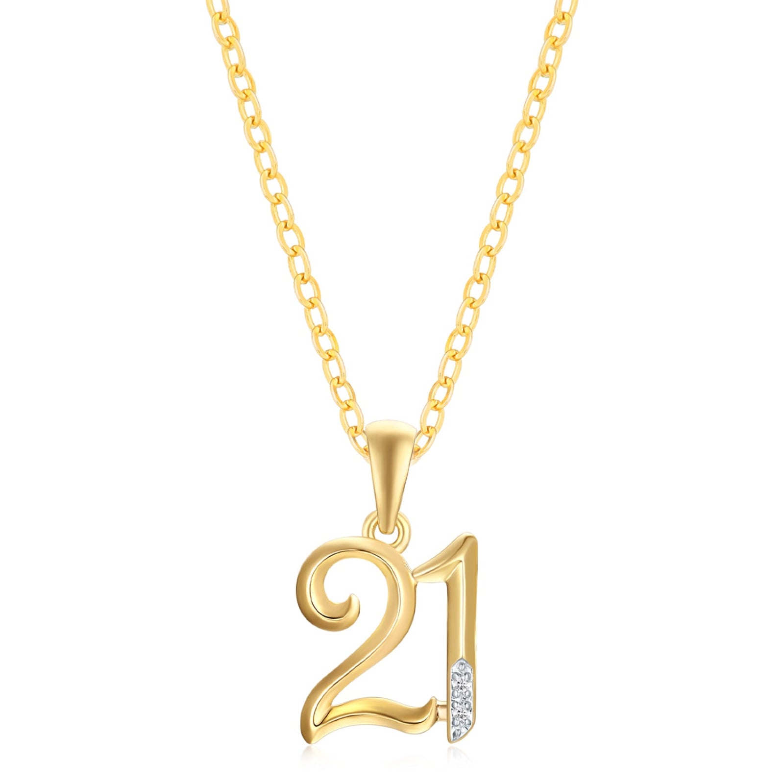 9ct Yellow Gold Round Diamond Set 21st Birthday Number Rhodium Plated Pendant