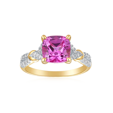 9ct Yellow Gold Cushion Cut 2.95 Carat Created Pink Sapphire 0.20 carat tw Rhodium Plated Ring