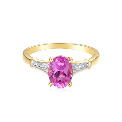 9ct Yellow Gold Oval Cut 8x6mm Created Pink Sapphire 0.10 Carat tw Rhodium Plated Ring