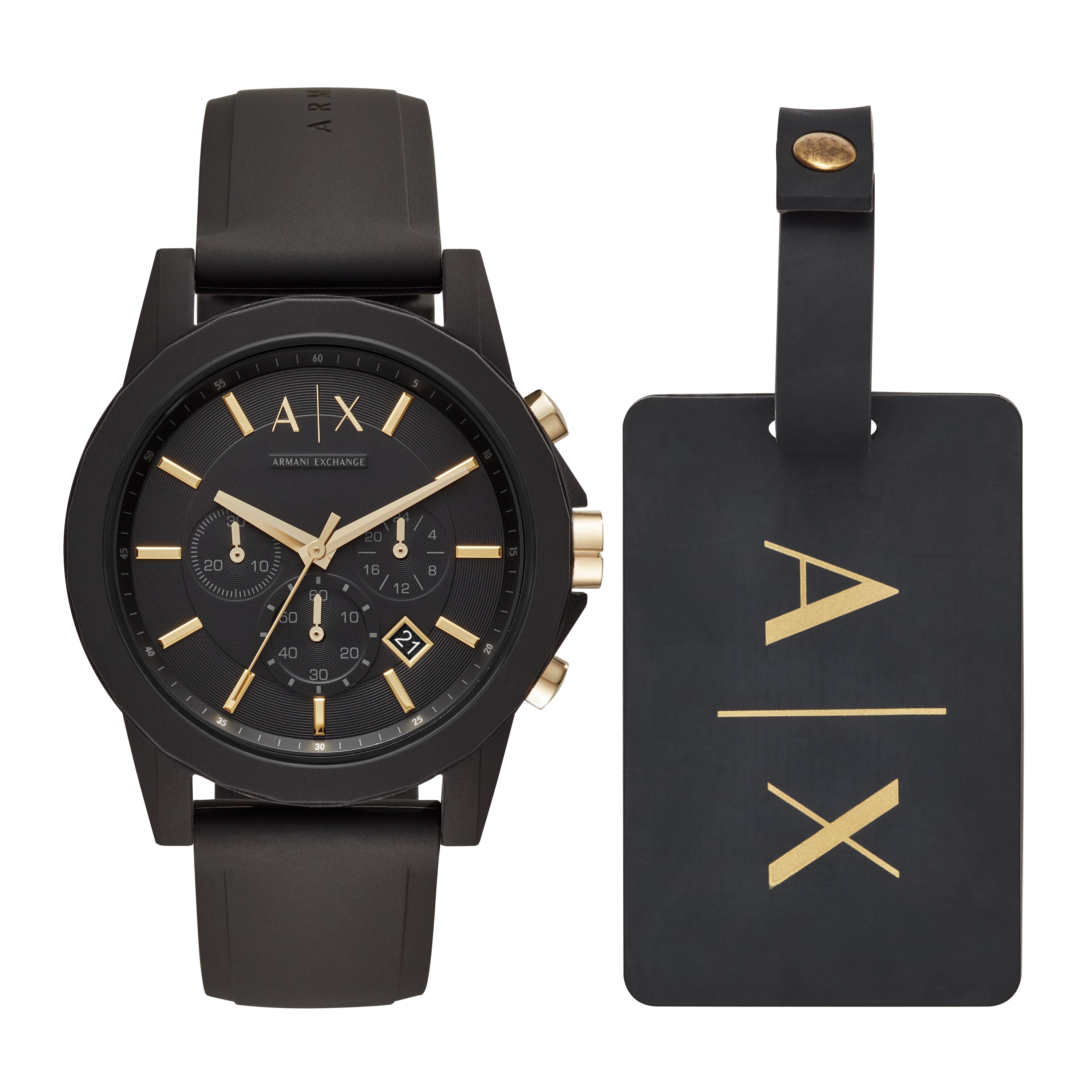 Armani Exchange Chronograph Black Silicone Watch and Luggage Tag Gift