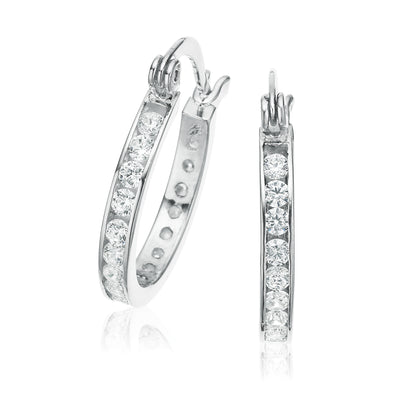 Sterling Silver 15x2.5mm White Cubic Zirconia Hoop Earrings