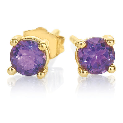 9ct Yellow Gold Round Brilliant Cut 4mm Amethyst Stud Earrings