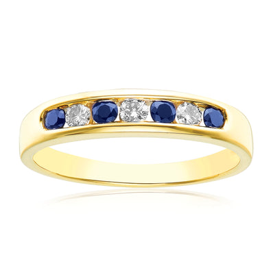 9ct Yellow Gold Round Brilliant Cut Black Sapphire with 0.15 CARAT tw of Diamonds Ring