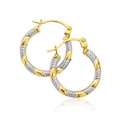 9ct Two Tone Gold 10mm Patterned Hoop Earrings