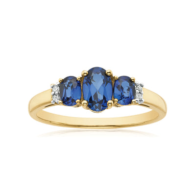 9ct Yellow Gold Oval Cut Created Blue Sapphire & Diamond Set Ring