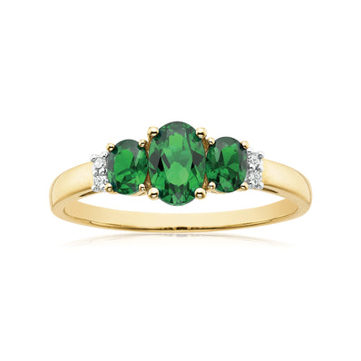 9ct Yellow Gold Oval Cut Created Emerald & Diamond Set Ring