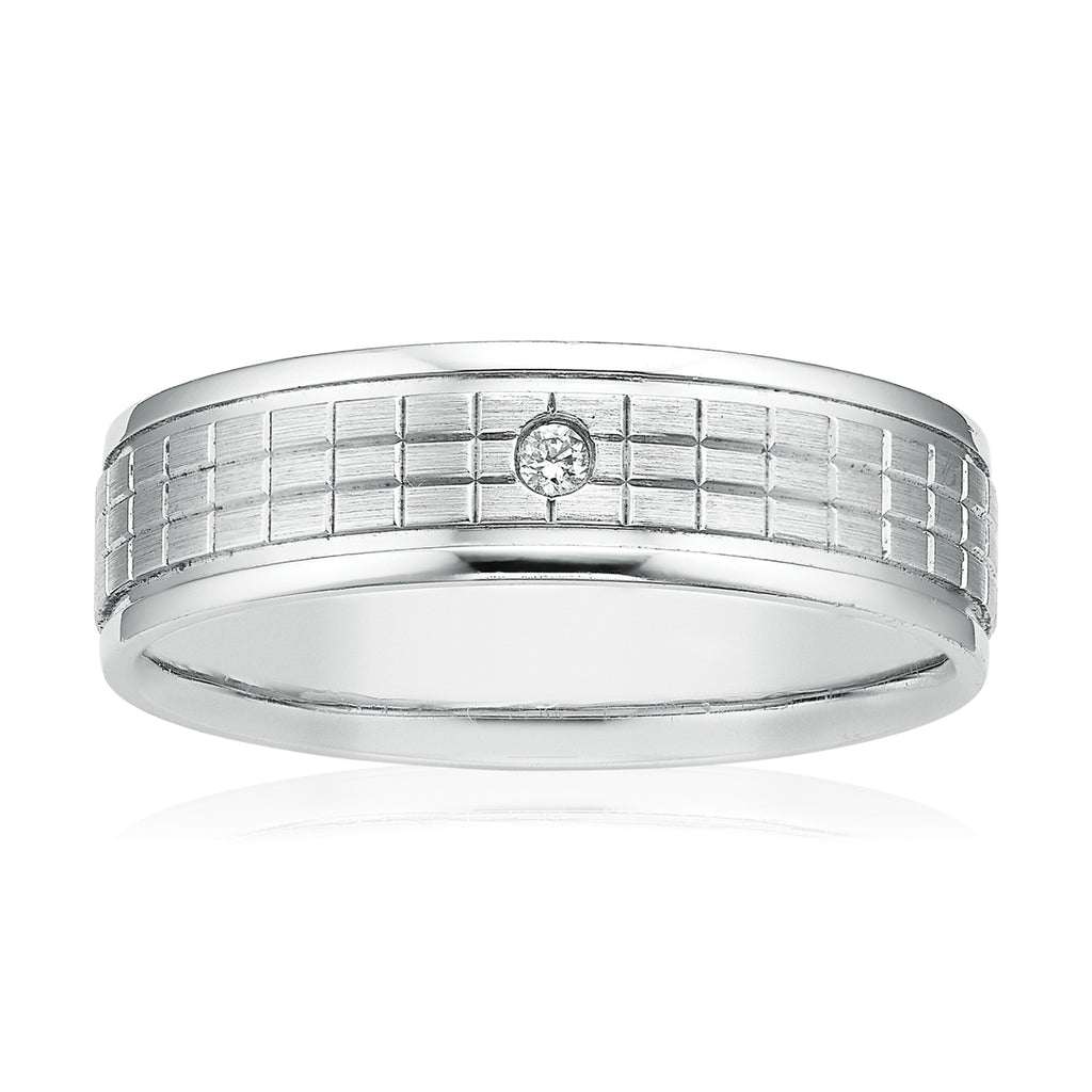 Sterling Silver Diamond Set Grid Pattern Mens Ring