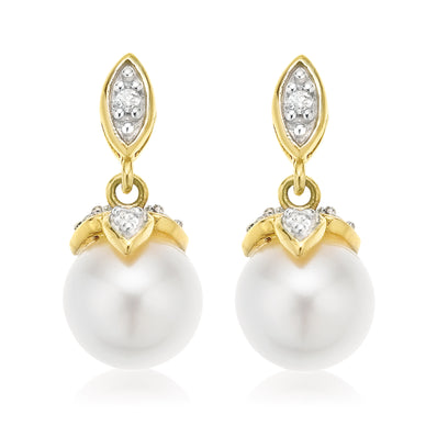 9ct Yellow Gold Freshwater Pearls & Diamond Set Drop Earrings