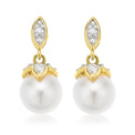 9ct Yellow Gold Freshwater Pearls & Diamond Set Drop Earrings