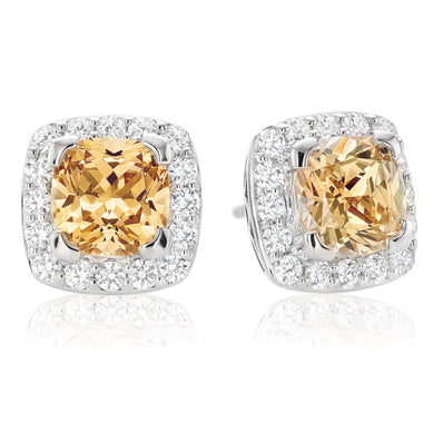 KISS Sterling Silver Cushion & Round Amber Cubic Zirconia Made with Swarovski elements  Stud Earrings