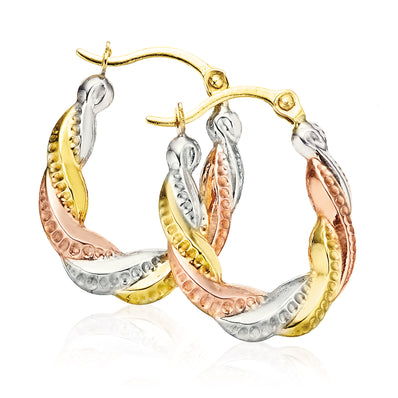 9ct Three Tone Gold Patterned Hoop Earrings