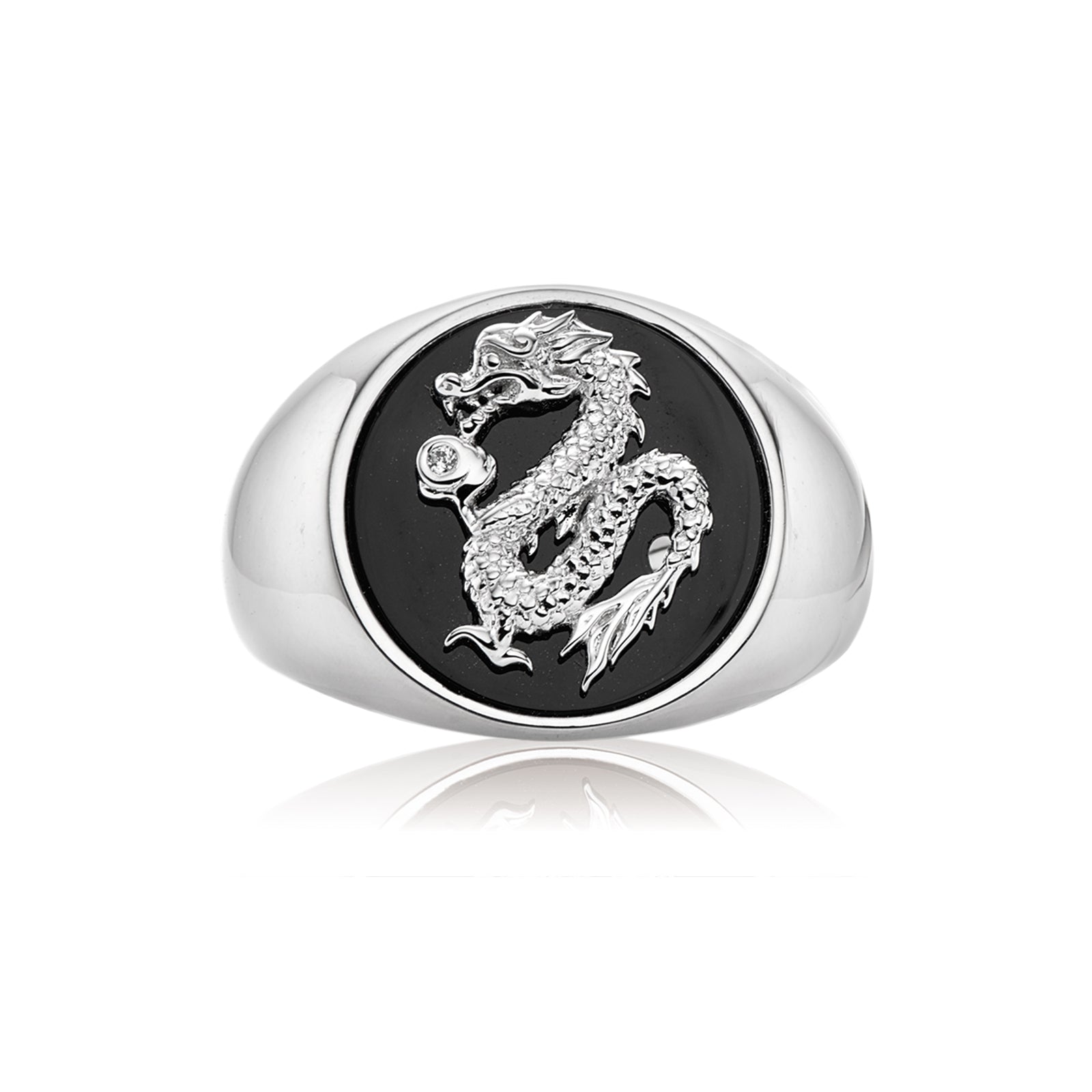 Sterling Silver Cubic Zirconia Black Onyx Dragon Signet Mens Ring