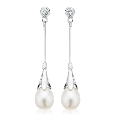 Sterling Silver Freshwater Pearl and Cubic Zirconia Drop Earrings