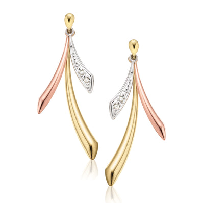 9ct Three Tone Gold & Diamond Set Drop Earrings
