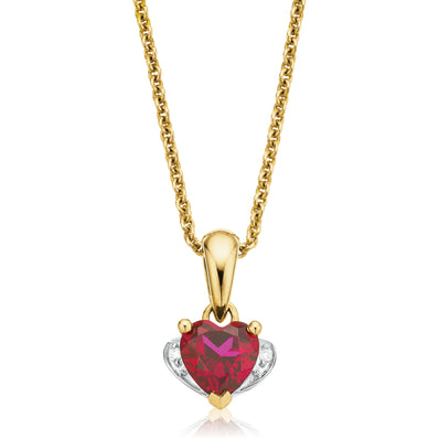 9ct Two Tone Gold Heart & Round Brilliant Cut Created Ruby & Diamond Set Pendant