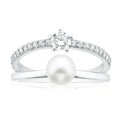 Sterling Silver 6-7mm Fresh Water Pearls and Cubic Zirconia Ring