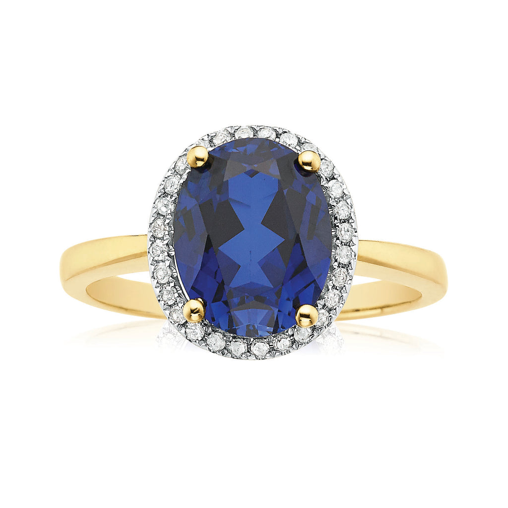 9ct Yellow Gold Oval & Round Brilliant Cut Created Blue Sapphire & Diamond Set Ring