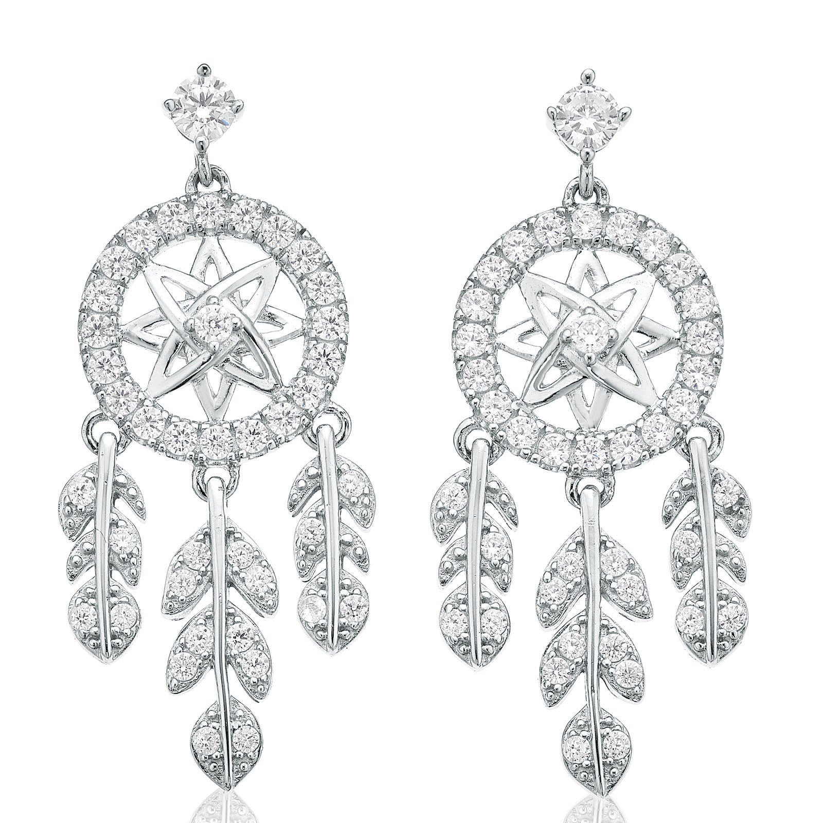 Sterling Silver Cubic Zirconia Dream Catcher Drop Earrings