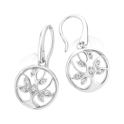 Sterling Silver White Cubic Zirconia Tree of Life Drop Earrings