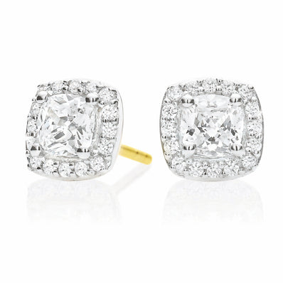 HUSH 9ct Yellow Gold Cushion & Round Brilliant Cut with 1 CARAT tw of Diamond Simulants  Stud Earrings