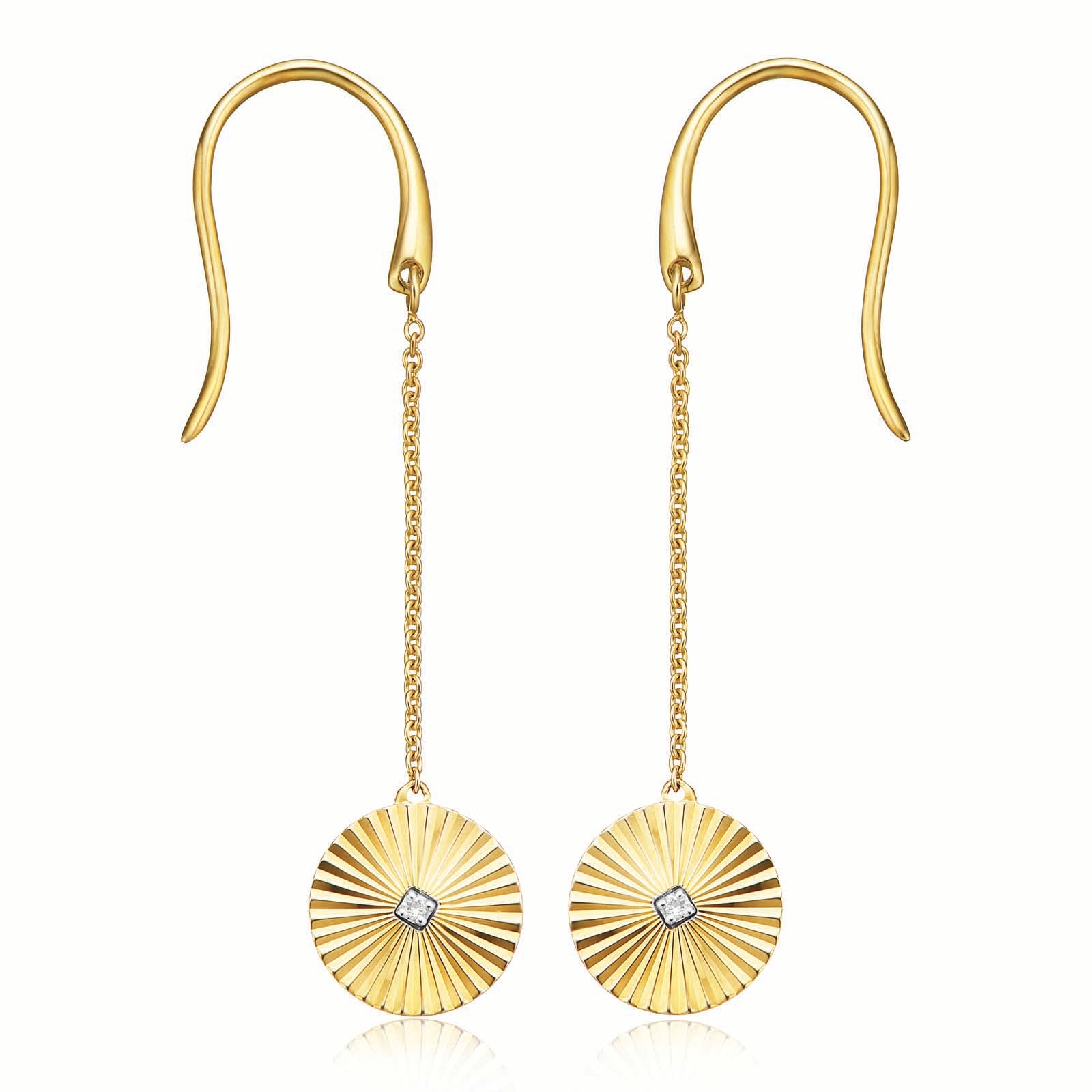 9ct Yellow Gold Round Brilliant Cut Diamond Set Drop Earrings