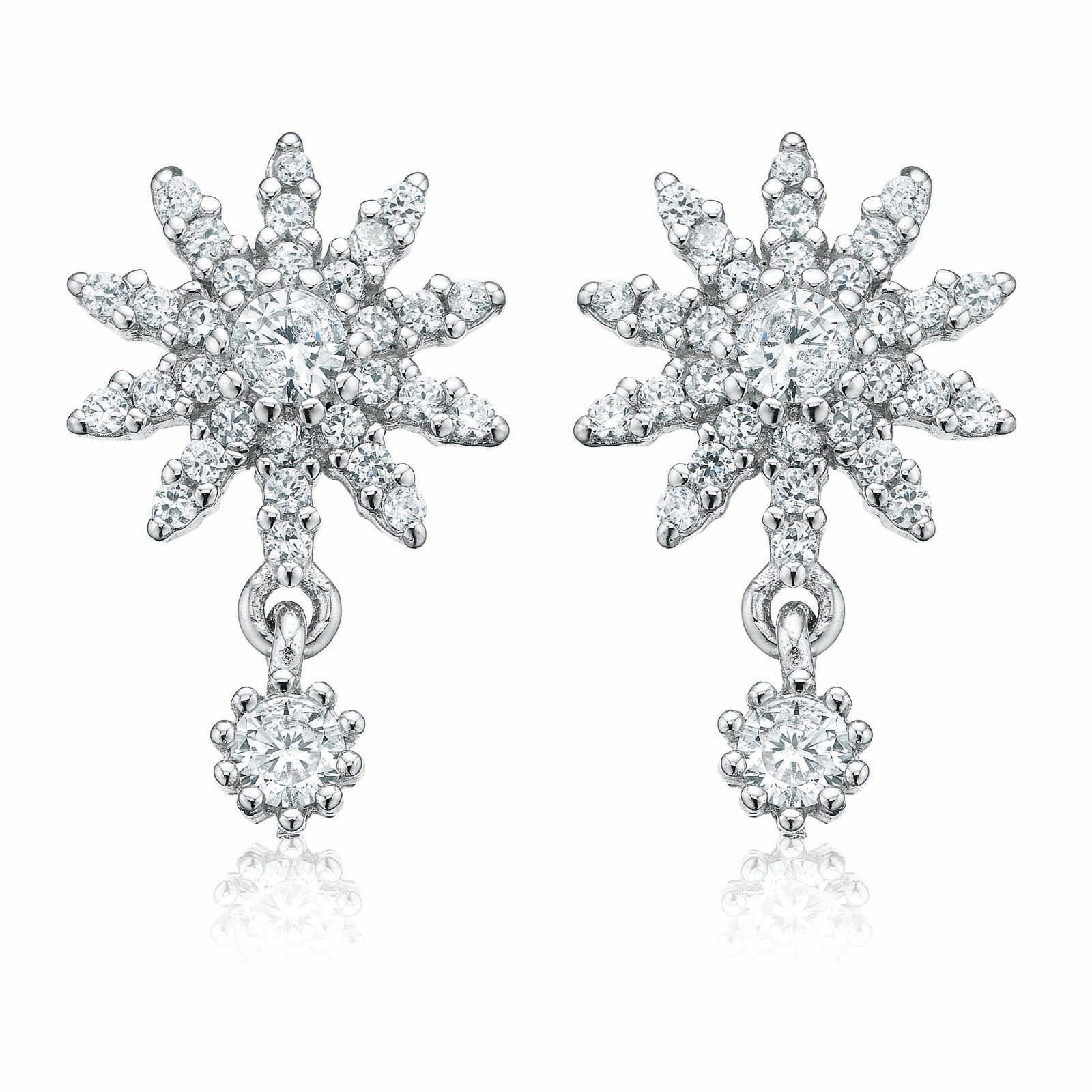Sterling Silver Cubic Zirconia Snow Flake Drop Earrings