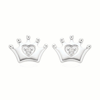 My First Diamond Kids Sterling Silver Round Brilliant Cut Diamond Set Crown Stud Earrings