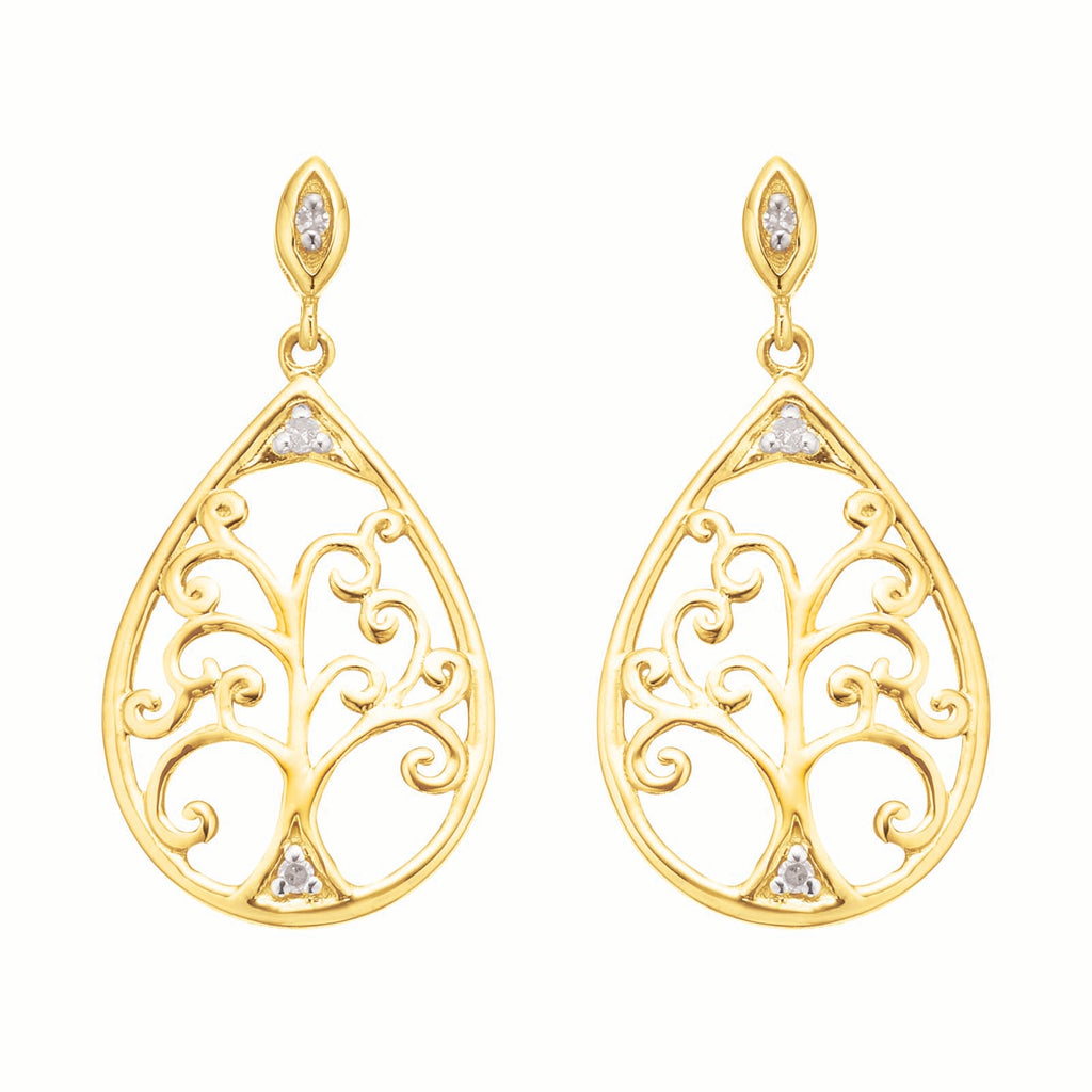 9ct Yellow Gold Diamond Set Tree of Life  Drop Earrings