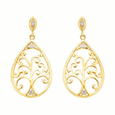 9ct Yellow Gold Diamond Set Tree of Life  Drop Earrings