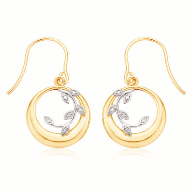 9ct Yellow Gold Diamond Set Vine Circle  Drop Earrings