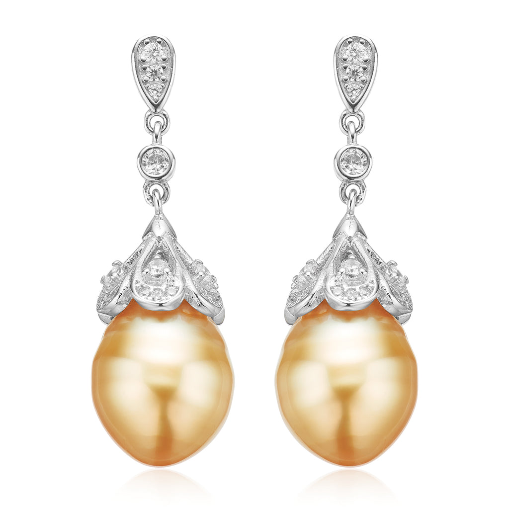 Sterling Silver 9-11mm Golden South Sea Pearl & Cubic Zirconia  Drop Earrings