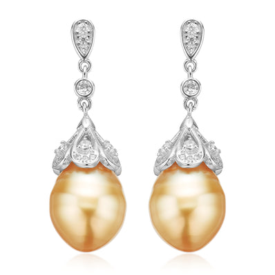 Sterling Silver 9-11mm Golden South Sea Pearl & Cubic Zirconia  Drop Earrings