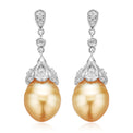 Sterling Silver 9-11mm Golden South Sea Pearl & Cubic Zirconia  Drop Earrings