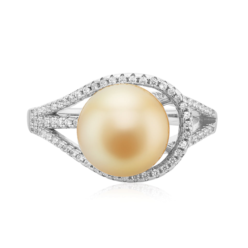 Sterling Silver 9-10.5mm Golden South Sea Pearl & Cubic Zirconia Ring