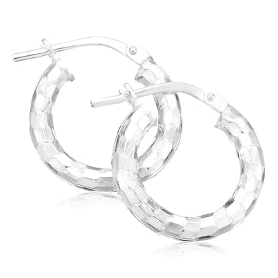 Sterling Silver 10x3mm Round Pattern  Hoop Earrings