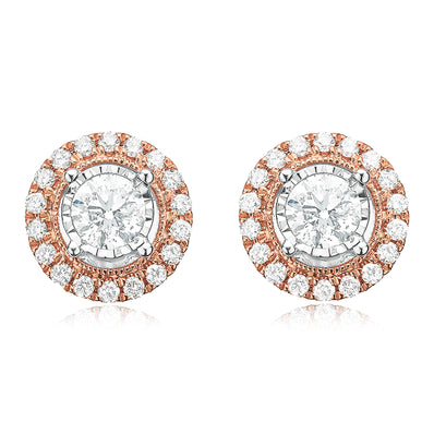 Paris 14ct Rose and White Gold Round Brilliant Cut 3/4 CARAT tw of Diamonds Stud Earrings