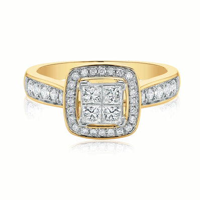 New York 14ct Yellow Gold Round Brilliant & Princess Cut 3/4 Carat tw of Diamonds Ring
