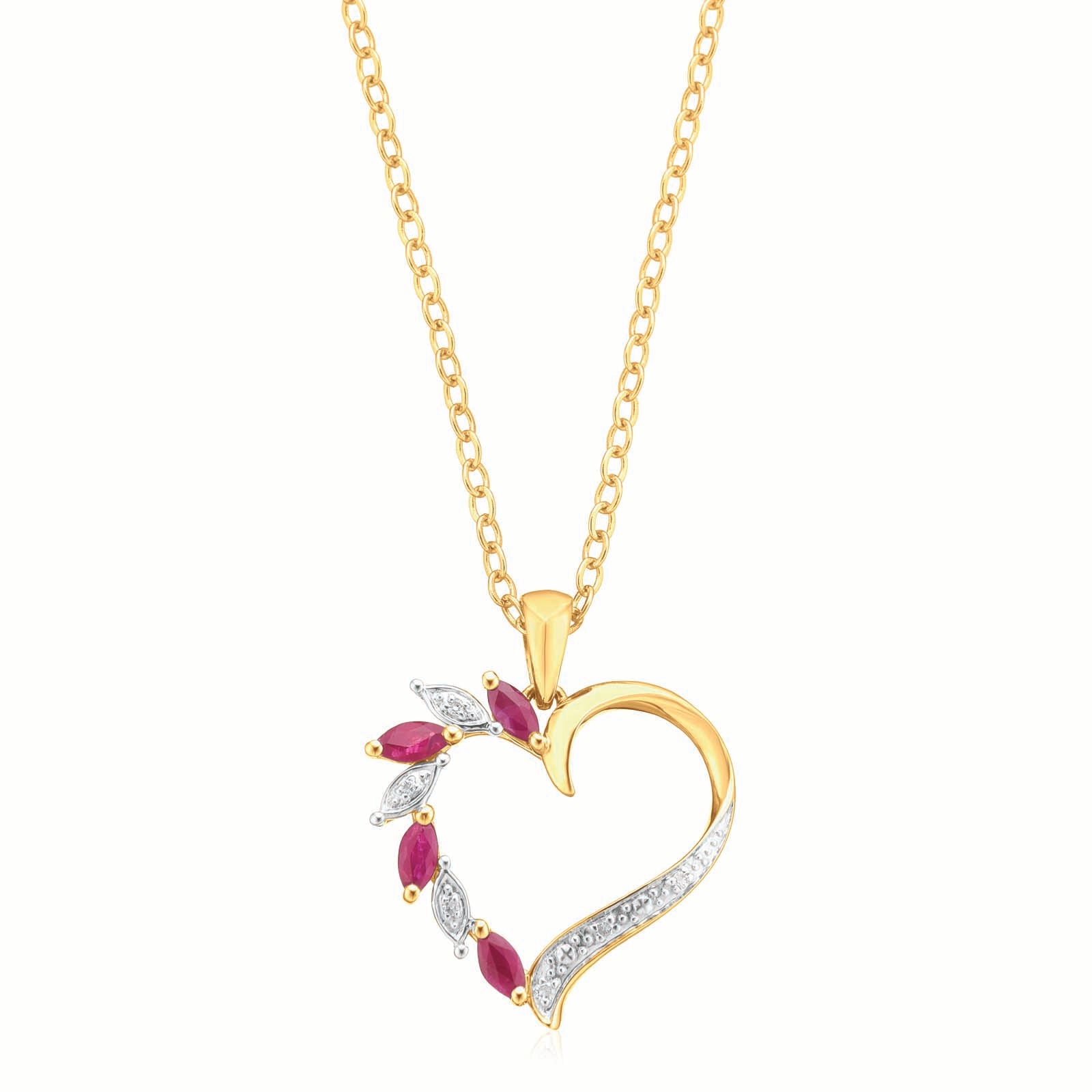 9ct Yellow Gold Marquise Natural Ruby Diamond Set Pendant