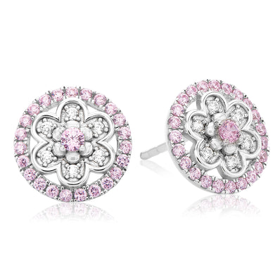 Sterling Silver Round Pink & White Cubic Zirconia Flower  Stud Earrings
