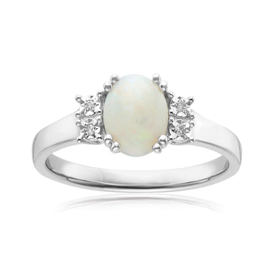 Sterling Silver Oval Cut 8x6mm Opal & Diamonds Ring