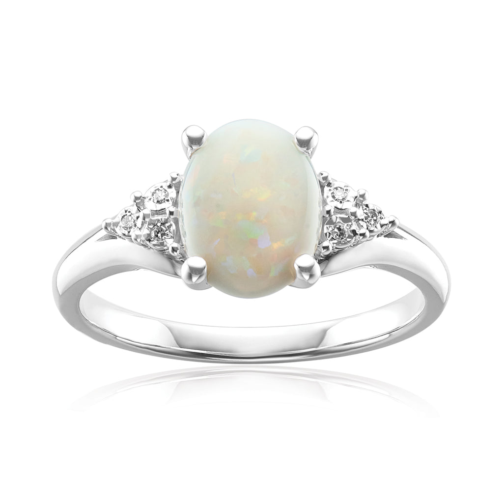 Sterling Silver Oval Cut 9x7mm Opal & Diamonds Ring