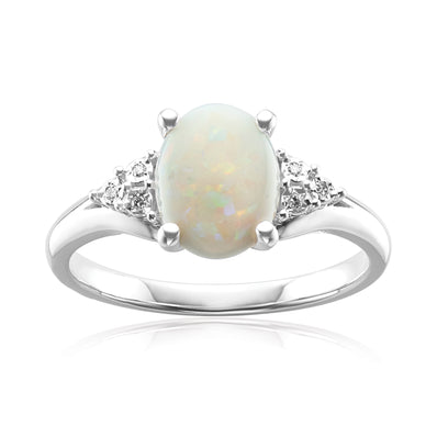 Sterling Silver Oval Cut 9x7mm Opal & Diamonds Ring