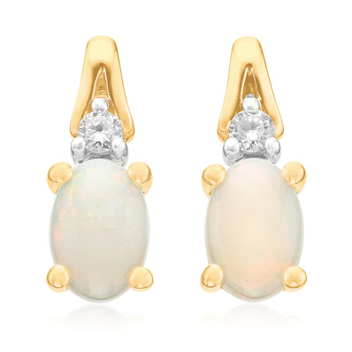9ct Yellow Gold Oval Cut 6x4mm Opal & Diamond Stud Earrings
