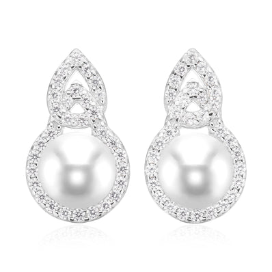 Sterling Silver with 7-7.5 MM Freshwater Pearl & White Cubic Zirconia Drop Earrings