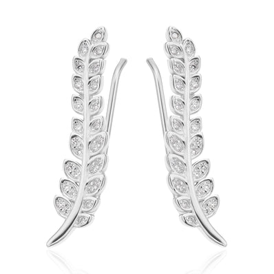 Sterling Silver with Round White Cubic Zirconia Leaf Drop Earrings