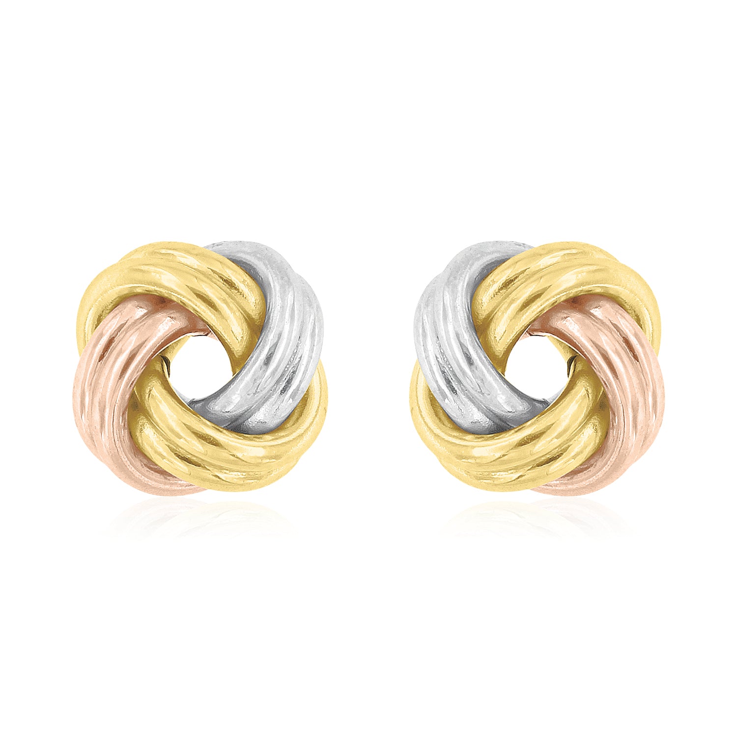 9CT Three Tone Yellow, White Rose Gold Knot Stud Earrings