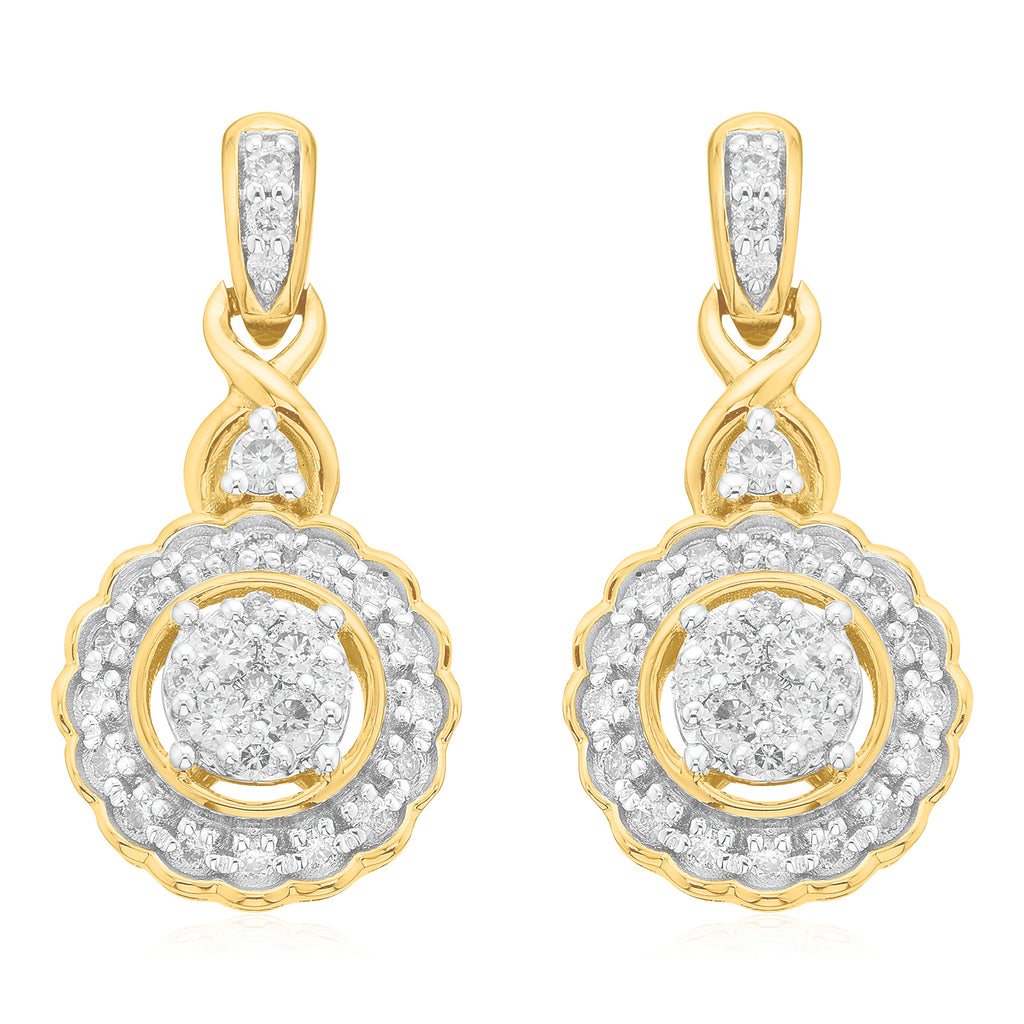 London 9ct Yellow Gold with Round Brilliant Cut 1/2 CARAT tw Diamond Drop Earrings